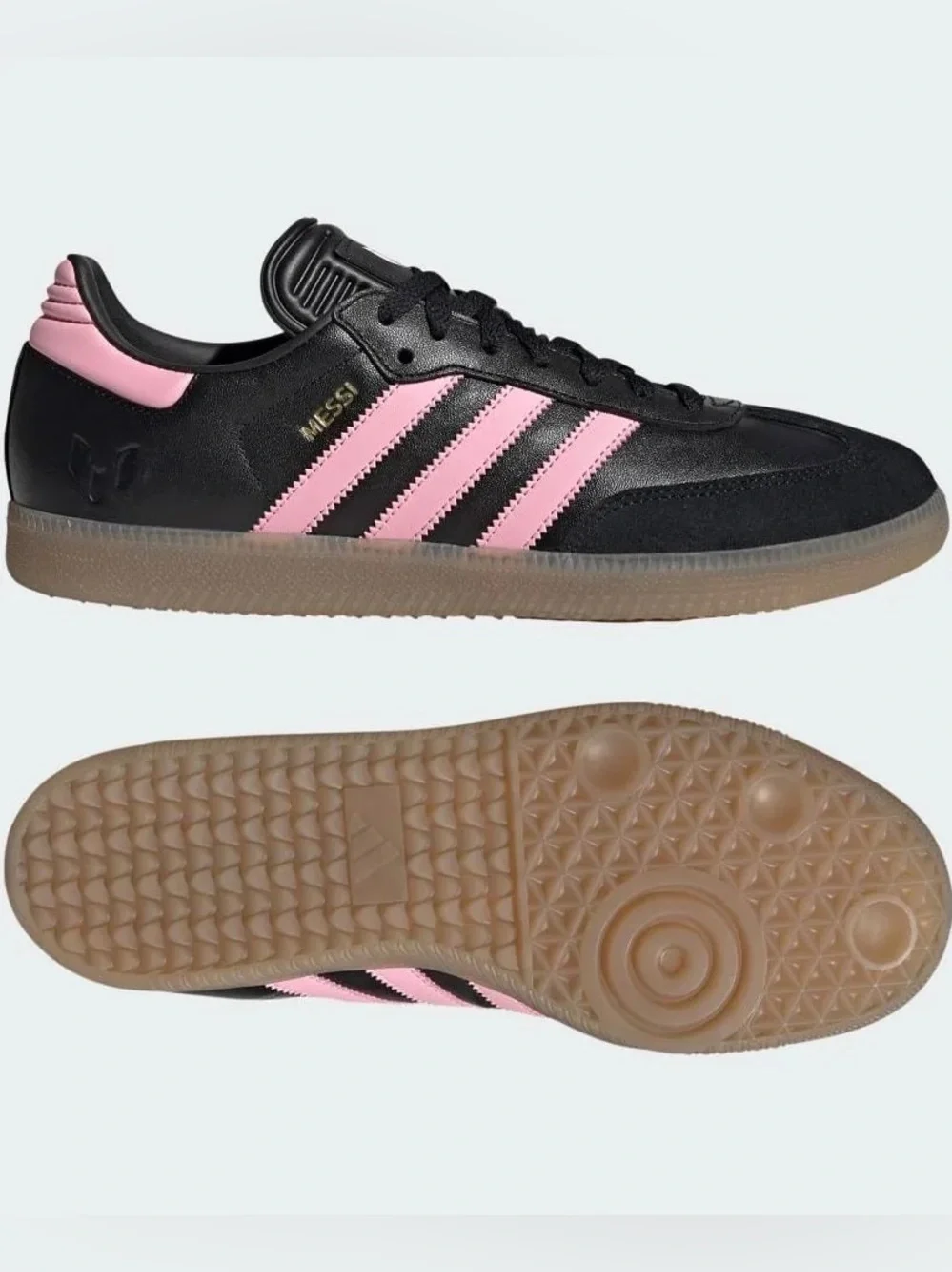 adidas Samba MESSI SOCCER Black with Pink Stripes and Gum Sole 8.5 men/9.5 women